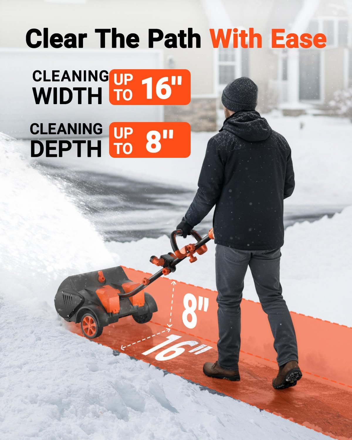 VOLTASK 48V Cordless Snow Shovel with Wheels, 16″ Brushless Snow Blower