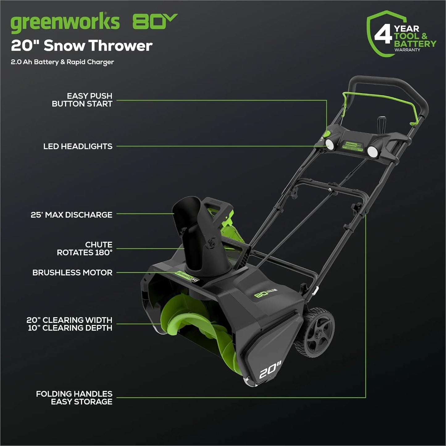 Greenworks PRO 80V 20″ Brushless Cordless Snow Blower with Battery & Charger