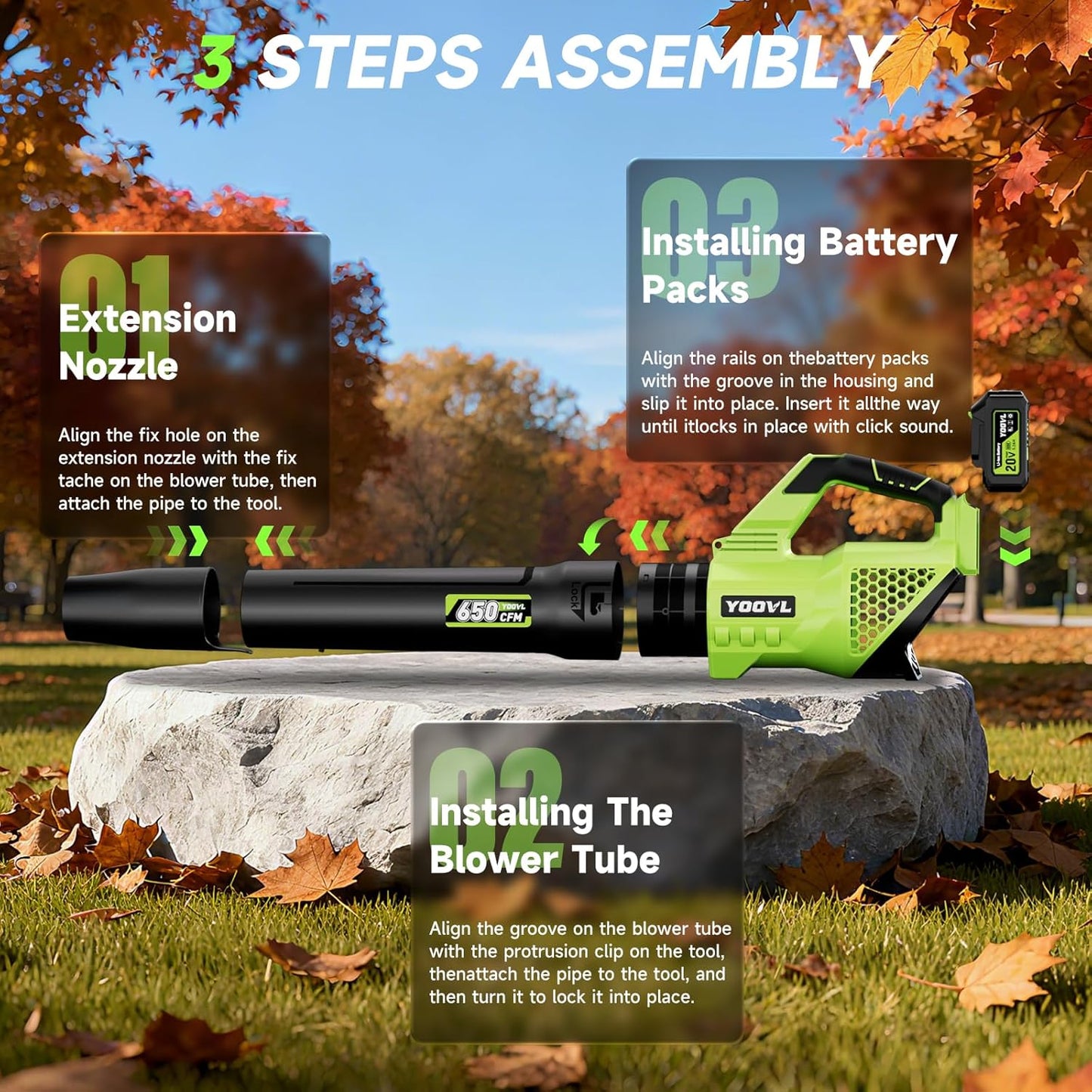 YOOVL Cordless Leaf Blower 650 CFM, 20V Dual Batteries, 3-Speed Electric Blower