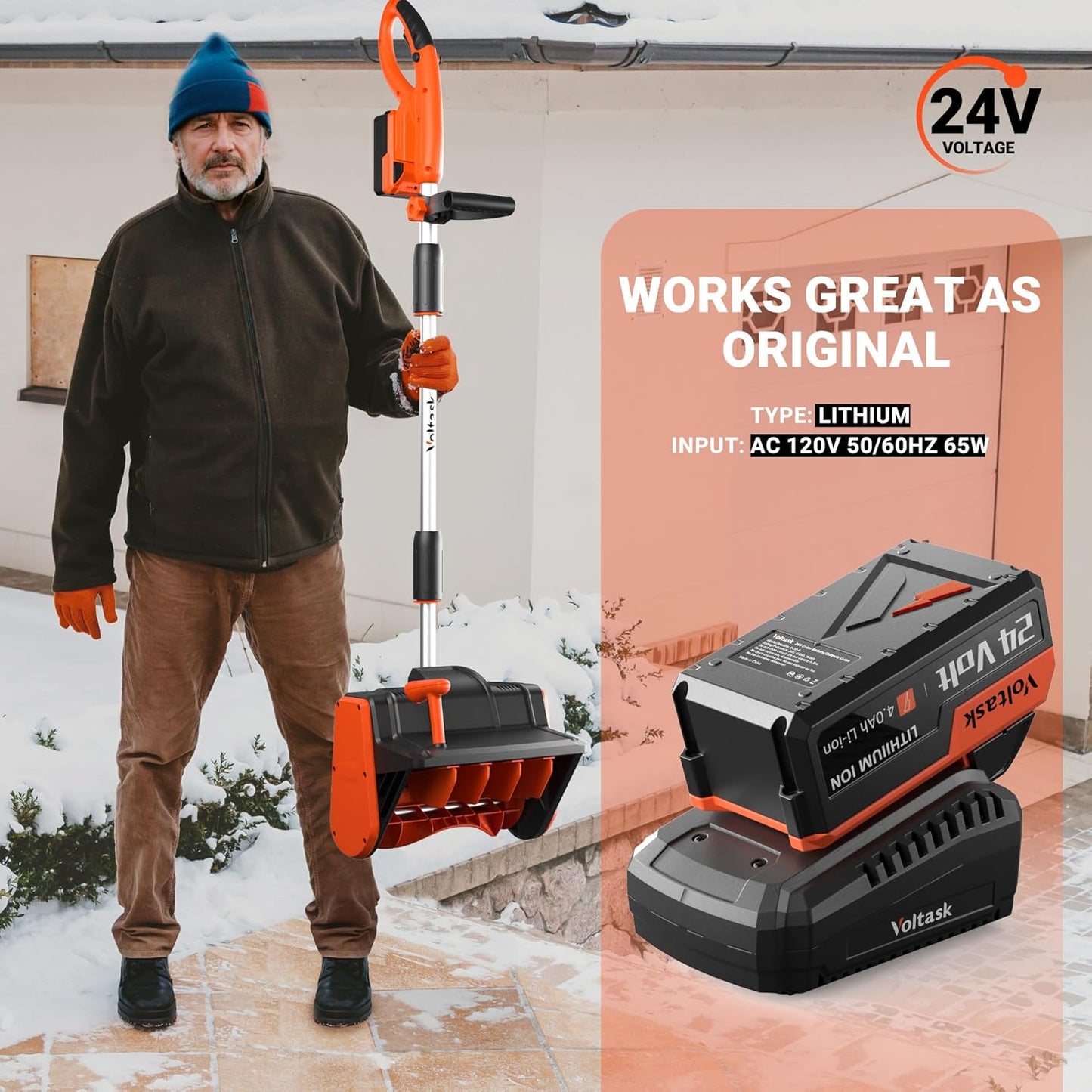 VOLTASK 24V 4.0Ah Lithium-Ion Replacement Battery for Cordless Snow Shovel