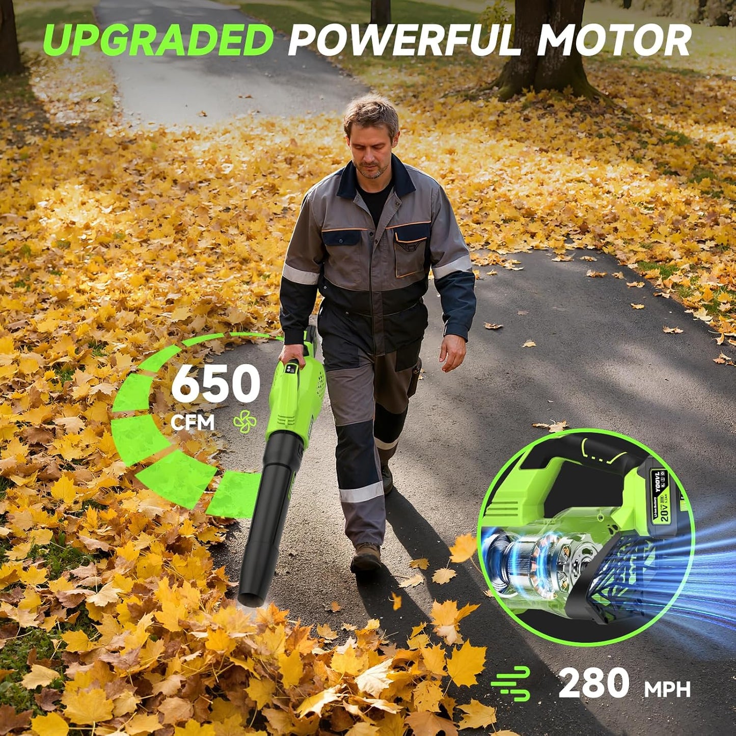 YOOVL Cordless Leaf Blower 650 CFM, 20V Dual Batteries, 3-Speed Electric Blower